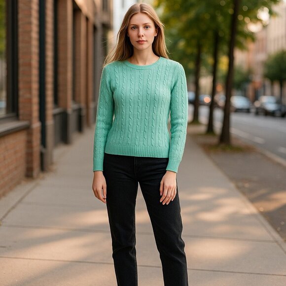 NEW TALBOTS PETITES WOMENS SZ SP GREEN CABLE KNIT COTTON CREWNECK SWEATER - Picture 2 of 10